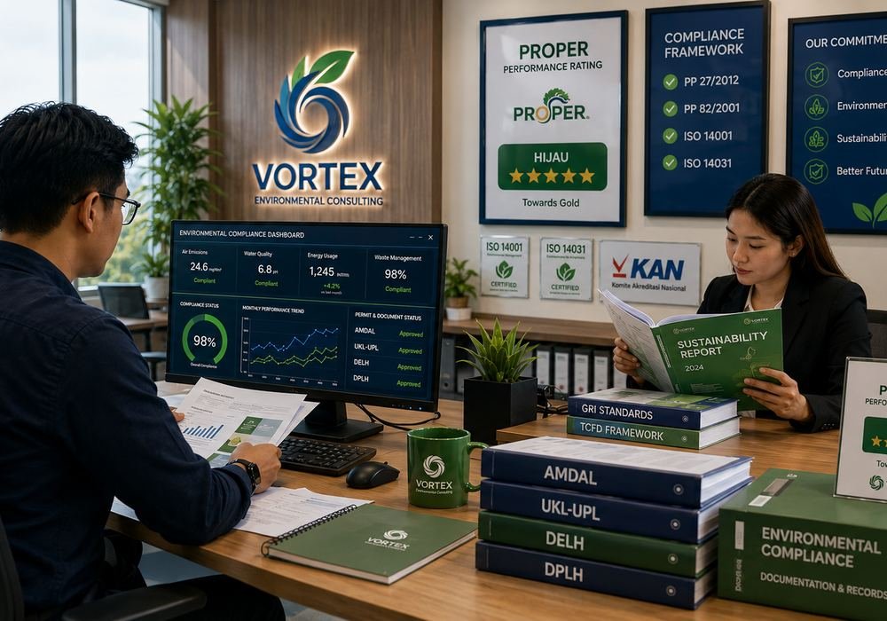 Konsultan Vortex meninjau dokumen AMDAL, UKL-UPL, dan dasbor kepatuhan lingkungan